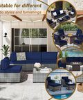 14 Piece Outdoor Cushion Cover Replacement Set For 6 Seat Wicker Rattan Patio Sofa Waterproof Navy Blue Cushion Covers For Outdoor Furniture Covers Only shown in different patio settings.