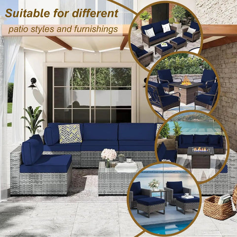 14 Piece Outdoor Cushion Cover Replacement Set For 6 Seat Wicker Rattan Patio Sofa Waterproof Navy Blue Cushion Covers For Outdoor Furniture Covers Only shown in different patio settings.