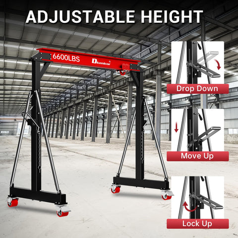 3 Ton Portable Gantry Crane With 8.53 Ft Wide Span, Adjustable 8.53-12.47 Ft Height, Heavy Duty Shop Lift Hoist With Manual Trolley, Red