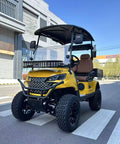 Sweet 2 Seat Cargo Van Golf Cart Powered By 48V Lithium Battery And 4KW Motor And Yellow Utility Neighborhood Electric Vehicle, front angle view in urban setting.
