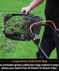 Person carrying grass-filled collection bag from Cordless Lawn Mower And Leaf Blower Combo With Two 4.0Ah Batteries And Charger No Cord Hassle 24V Max Power 13 Inch Cut 3,700 RPM Mower 135 MPH Blower