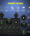 Five Gang Multi Function Rocker Switch Panel With USB Charger And LED Voltmeter Cigarette Lighter For 12V 24V DC Trucks RVs Boats 4X4 Green Waterproof Panel With Five On Off Rocker Switches And Rear Rock Lights, black panel