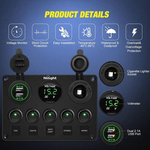 Five Gang Multi Function Rocker Switch Panel With USB Charger And LED Voltmeter Cigarette Lighter For 12V 24V DC Trucks RVs Boats 4X4 Green Waterproof Panel With Five On Off Rocker Switches And Rear Rock Lights, black panel