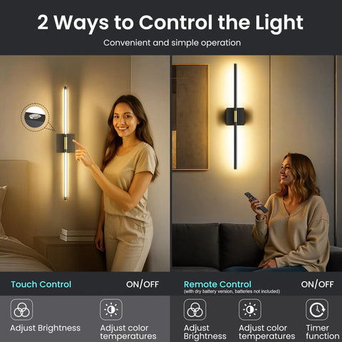 Super Slick 29 Inch Wall Sconces Set Of 2, Matte Black With Gold Accents, 10000 Mah Rechargeable Battery Wall Lights, touch and remote control options.