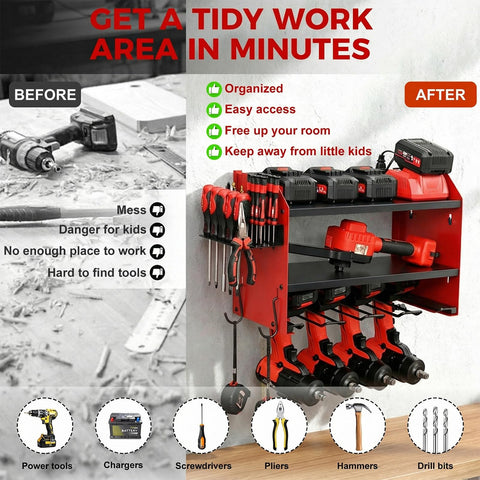 Before and after of a Red Heavy Duty Power Tool Organizer Wall Mount With Charging Station, showing organized tools and drills.