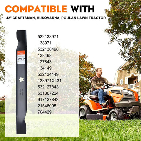 2 Pack 138971 High Lift Mower Blades 5 Point Star For Craftsman 42 Inch Riding Mower LT1000 LT2000 And Husqvarna 42 Inch Deck Lawn Tractor Models Replace 532138971 422719 displayed with compatibility list