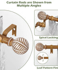 Wood Boho Curtain Rods For Windows With Heavy Duty Adjustable Rustic Finish Farmhouse Style Drapery Rods For Bedroom And Living Room Easy Install Imitation Wood Grain Finials Brown 36 To 88 Inches shown in spiral locking and leaf pattern finial styles