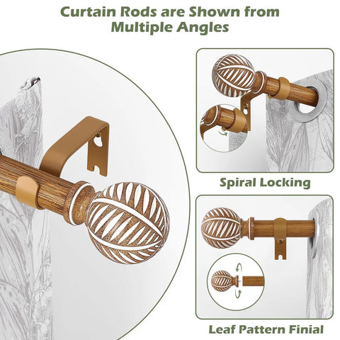 Wood Boho Curtain Rods For Windows With Heavy Duty Adjustable Rustic Finish Farmhouse Style Drapery Rods For Bedroom And Living Room Easy Install Imitation Wood Grain Finials Brown 36 To 88 Inches shown in spiral locking and leaf pattern finial styles