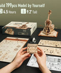 One Fifth Scale 3D Cello Model Kit With Base 199 Piece Wooden Music Box Building Kit pieces and completed model on table