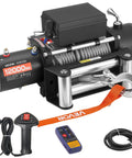 12,000 Pound Electric Winch For Trucks And Off Road Rigs With 0.36 Inch By 80 Foot Steel Rope, Wireless And Wired Remote Control, IP55 Waterproof, Ideal For SUV Jeep Trailer Boat Recovery, shown with hook and remotes
