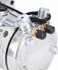 Heavy Duty Universal AC Compressor With Clutch Included For Quick Car Cooling Fixes Built Tough With Cast Aluminum Housing And Pregfilled PAG Oil Super Smooth Plug And Play Swap close-up showing fittings and cast aluminum detail.