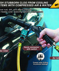 Coolant System Flush Gun With Handy Lever Action Heater Core Kit flushing a radiator with hose adapters and shut off valve.