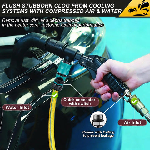 Coolant System Flush Gun With Handy Lever Action Heater Core Kit flushing a radiator with hose adapters and shut off valve.