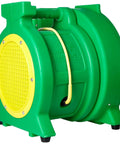 Green 1 HP air blower for bounce houses and inflatable castles, designed for high flow power in large backyard setups and party halls