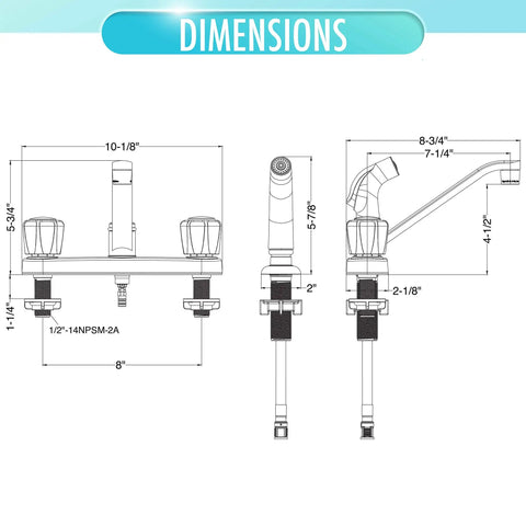Dimensions of Two Handle Kitchen Faucet With Side Spray In Polished Chrome For Easy Control And Quick Cleanup