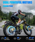 Cyclist riding Dual Motor Beast Electric Bike For Adults With 3000W Peak AWD Power on mountain road