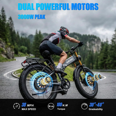 Cyclist riding Dual Motor Beast Electric Bike For Adults With 3000W Peak AWD Power on mountain road
