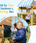 Kids playing on backyard wooden swing set for kids and toddlers with all in one design awesome dual swings slide rock climbing wall