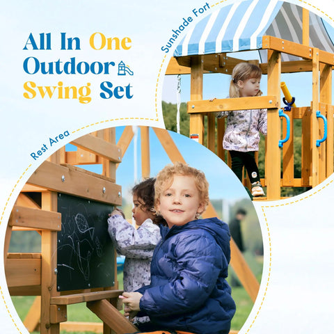 Kids playing on backyard wooden swing set for kids and toddlers with all in one design awesome dual swings slide rock climbing wall