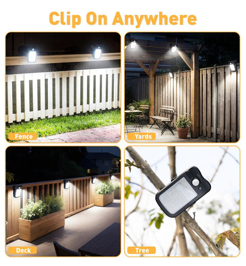 Clip On Solar Lights 4 Pack With 60 LED 500LM Motion Sensor USB And Solar Powered Waterproof Security Lights on fence, deck, yard, tree