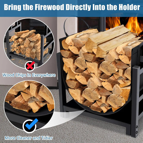 Indoor Firewood Rack And Log Holder With Wood Carrier, Powder Coated Steel Construction, Holds Up To 110 Pounds filled with logs