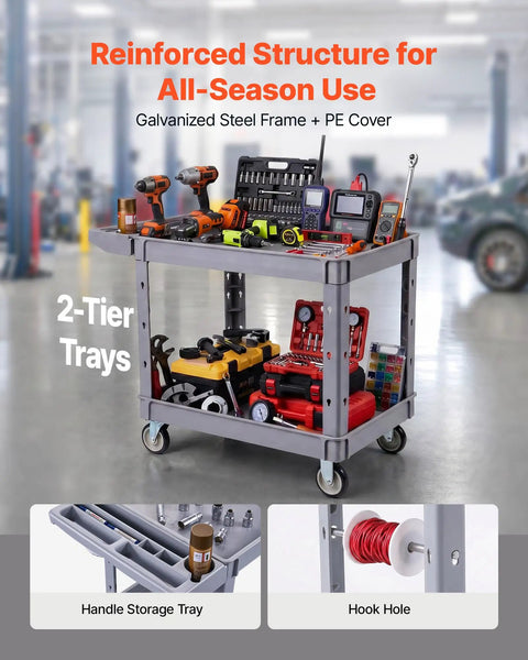 Heavy Duty Rolling Utility Cart 550 Lb Capacity, 2 Tier Service Cart With 360 Degree Swivel Wheels And Brakes On Two Front Casters, Built Tough Plastic Trays, Garage Workshop Organizer Gray