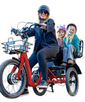 No Fuss Low Step Through Electric Tricycle For Adults With Passenger Bench And Massive Range 500W Torque Motor 7 Speed Shifting Smooth Cruise Trike Plug In And Go Red with rider and two children.