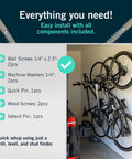 Two Pack Black Garage Bike Hangers Wall Mounts For Indoor Storage installed with bikes, components list shown