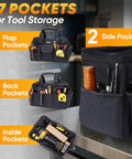 Heavy Duty Tool Bag With Multi Pocket For Pros, Built From 600D Oxford Fabric, showing 17 pockets and tools inside, black.