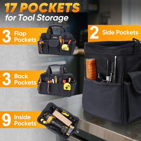 Heavy Duty Tool Bag With Multi Pocket For Pros, Built From 600D Oxford Fabric, showing 17 pockets and tools inside, black.