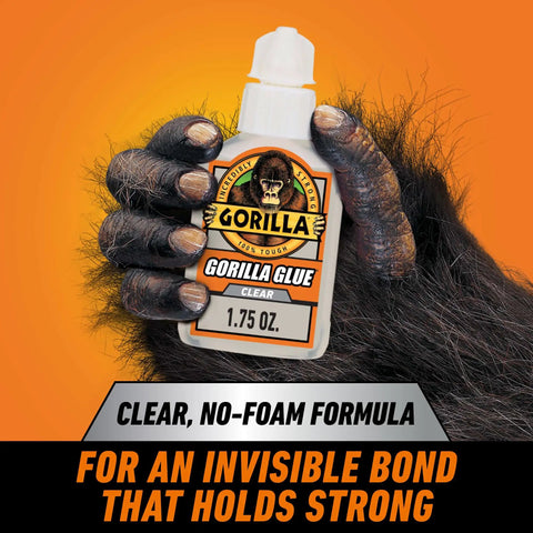 Image of Crystal Clear All Purpose Glue For Wood Metal Stone Ceramic Foam Glass And More Water Resistant Non Foaming Liquid Adhesive For Quick Bonds On DIY Projects 1.75 Ounce Bottle held by a gorilla's hand.