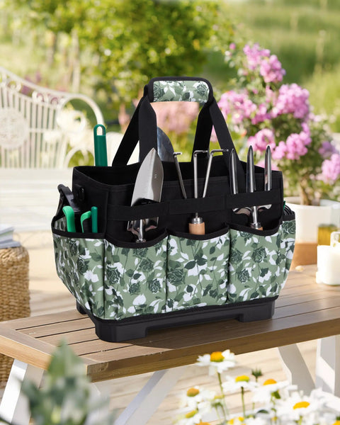 Heavy Duty Garden Tool Bag With Hard Bottom And Wide Opening, 20L Main Compartment, Water Resistant 600D Tote With Tools