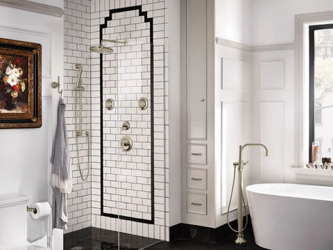 Modern bathroom with Round Drop Ell Handheld Shower Hose Wall Connector in brushed nickel finish installed on tiled wall.