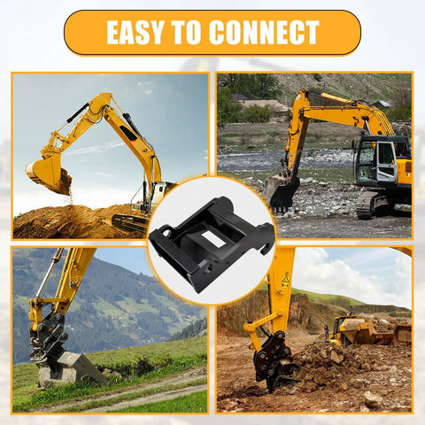 X Change Quick Attach Coupler Bracket For Bobcat E Series Excavators Black Coated Steel Bolt On Mounting Accessory For E26 To E63 And 325 To 435 No Drill Direct Bolt On Zero Downtime, shown in use with various attachments on excavators.