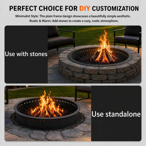 Smokeless 48 Inch Fire Pit Ring With Perforated Steel Insert For DIY In Ground Or Above Ground Heavy Duty Round Rim burning