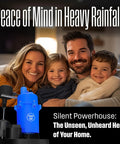 Family in living room with half horsepower submersible sump pump with automatic vertical float switch for flood defense