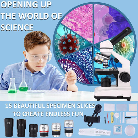 Kids and Adults Microscope With 40x to 2500x Magnification, Dual LED Illumination, 360 Degree Rotating Head, Kid-Friendly Eyepieces and Objective Lenses, Perfect for School Labs and Home Science Projects; child using microscope with slides