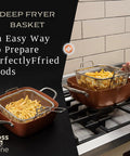 Copper Chef 5 Piece Nonstick Copper Cookware Set With Deep Fry Pan Fry Basket Steamer Rack And 5 Qt Square Pan Induction Ready Dishwasher And Oven Safe For Everyday Cooking featuring fry basket with fries on stove.