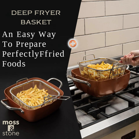 Copper Chef 5 Piece Nonstick Copper Cookware Set With Deep Fry Pan Fry Basket Steamer Rack And 5 Qt Square Pan Induction Ready Dishwasher And Oven Safe For Everyday Cooking featuring fry basket with fries on stove.
