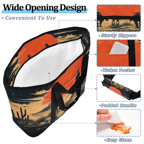Western Desert Cowboy Insulated Cooler Bag with wide opening, sturdy zippers, ticket pocket, padded handle, and easy-clean interior.