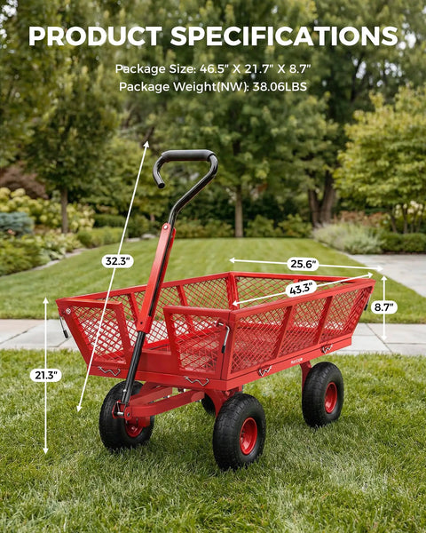 Heavy Duty Steel Garden Cart On Wheels With Removable Mesh Sides That Flip To Flatbed 880 Lb Capacity Removable Handle Converts To Wheelbarrow Outdoor Yard Wagon For Heavy Loads And Soil Bags Deep Red in garden setting