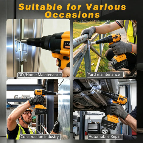 Upgraded Cordless Electric Rivet Gun Compatible With DeWalt 20V Max Battery used for automobile repair and construction tasks.
