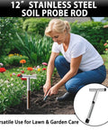 Woman using 12 Inch Stainless Steel Soil Sampler Probe With T Style Handle for Deep Soil Sampling in Lawn Garden Farm and Plant Care.
