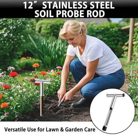 Woman using 12 Inch Stainless Steel Soil Sampler Probe With T Style Handle for Deep Soil Sampling in Lawn Garden Farm and Plant Care.