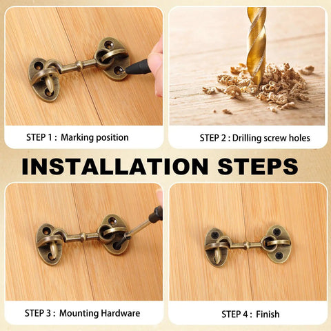 Installation steps for Heavy Duty Brass Hook And Eye Latch For Outdoor Gates And Barn Doors Built Like A Tank With An Antique Bronze Coating.