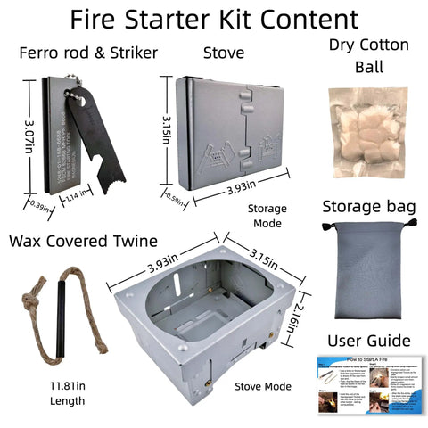 Survival Fire Starter Kit With Ferro Rod And Magnesium Fire Starter, Compact Stove, Flint And Steel, contents layout display