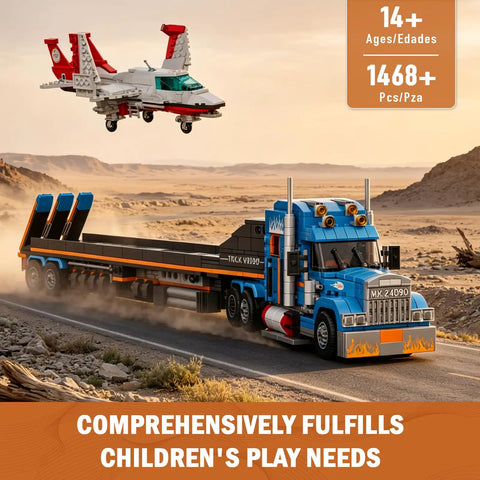 Flatbed Truck Building Set With Airplane 1468 Piece American Semi Truck Trailer STEM Toy Collectible Aircraft Vehicle Model Kit For Adults And Teens 14 Plus Epic Rig Build For Truckers And Aviation Fans in desert scene