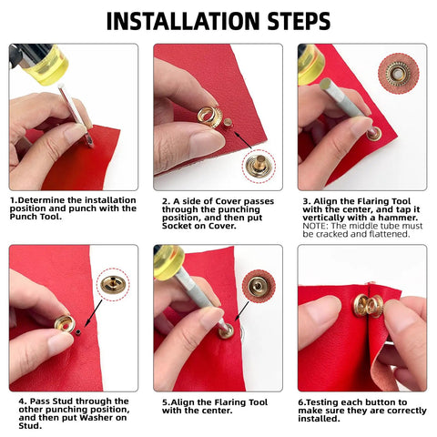Installation steps for Stainless Steel Snap Fasteners Kit 320 Pieces Heavy Duty 15mm Press Studs For Clothes Bags Leather Boat Canvas Includes 80 Sets With Sockets Caps Female And Male Snaps 3 Tools Clear Storage Box Four Color Options