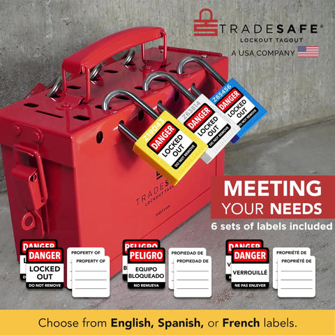 Red lockout tagout box with 6 lockout tagout padlocks, labeled in multiple languages for industrial safety.