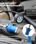 Top Shelf Coolant Pressure Tester Kit With 27 Heavy Duty Adapters For No Sweat Radiator System Leak Detection And Smooth Cooling Circuit Pressure Testing For Tesla Porsche Models with plastic connectors and cap adapters.